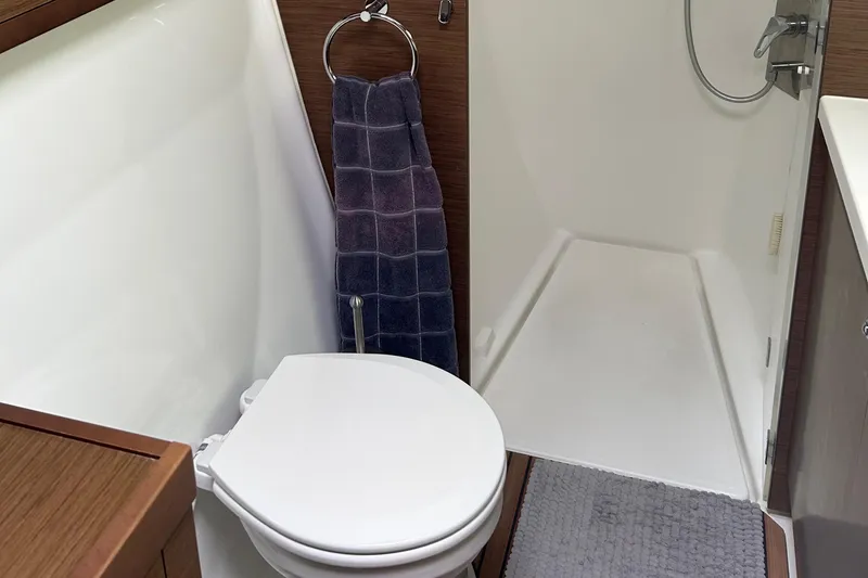 Slide: The Image of 2019 Lagoon 450 F Owner's Edition bathroom with shower, toilet, and towel rack. - 32