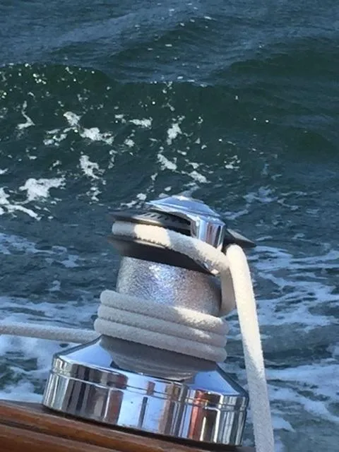 Slide: The Image of Sailing winch on a 1972 Bristol 40 yacht with ocean waves in the background. - 42
