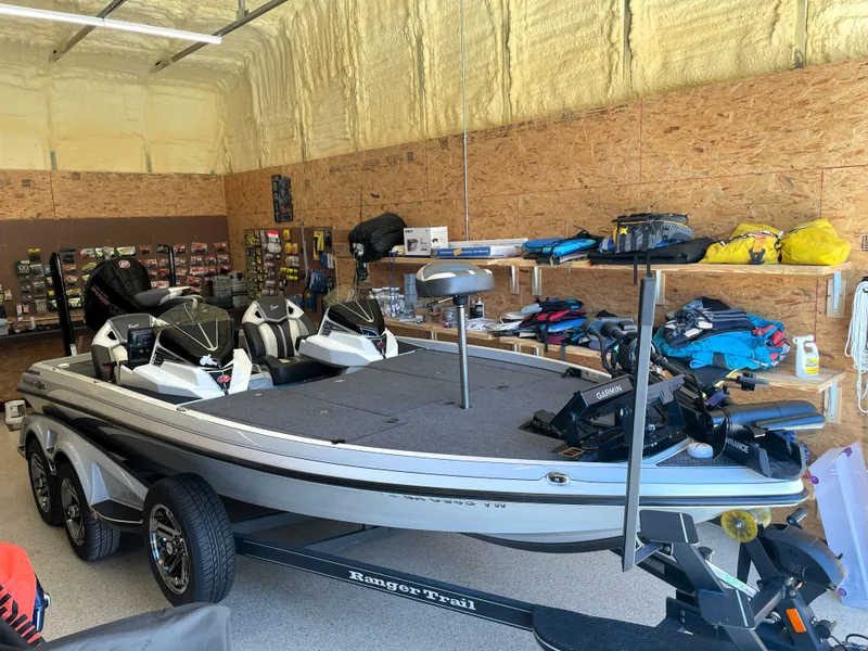 Slide: The Image of 2023 Ranger Z520R 55th Anniversary Limited Edition boat in a garage setting. - 2
