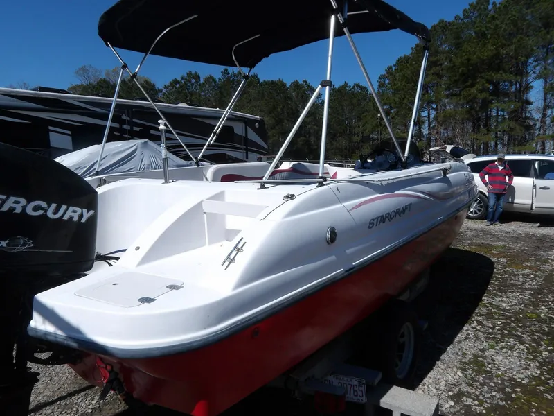 Slide: The Image of 2008 Starcraft Stardeck 200 boat with canopy, parked outdoors. - 5