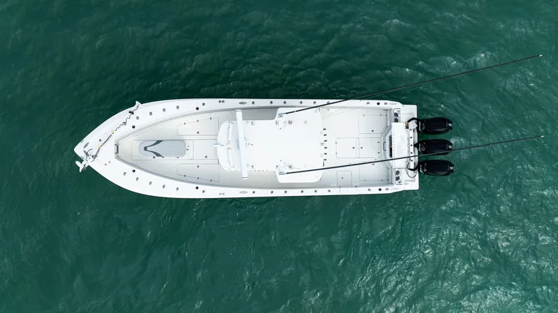 Slide: The Image of Aerial view of 2015 SeaVee 390Z boat on open water. - 5