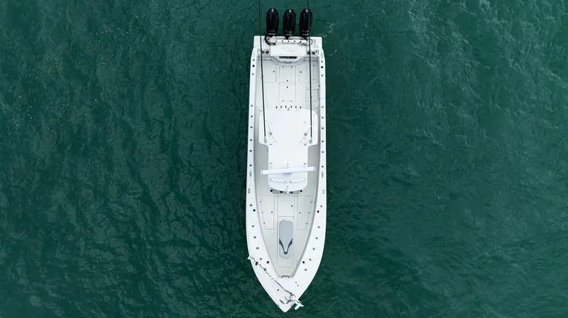 Slide: The Image of Aerial view of 2015 SeaVee 390Z boat on open water. - 7