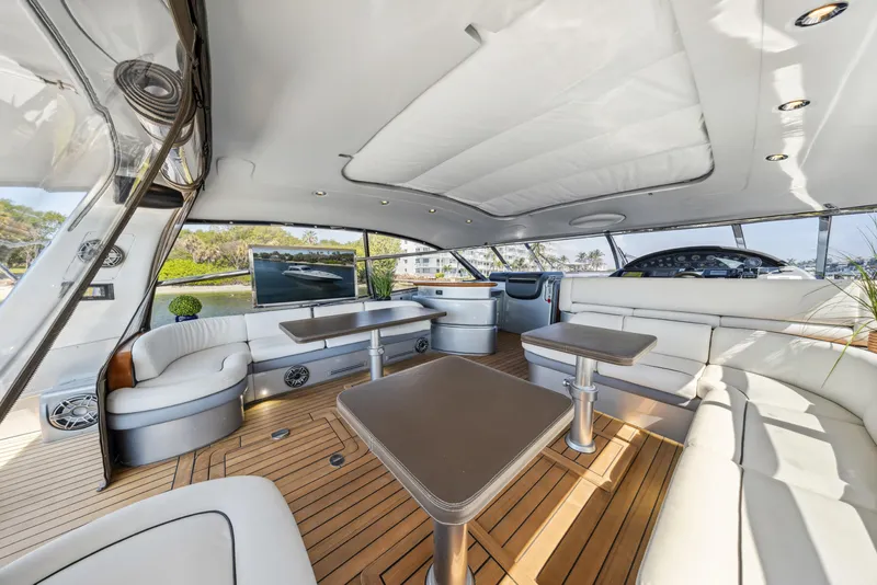 Slide: The Image of Luxurious interior of 2003 Baia PANTHER 80 yacht with elegant seating and tables. - 29