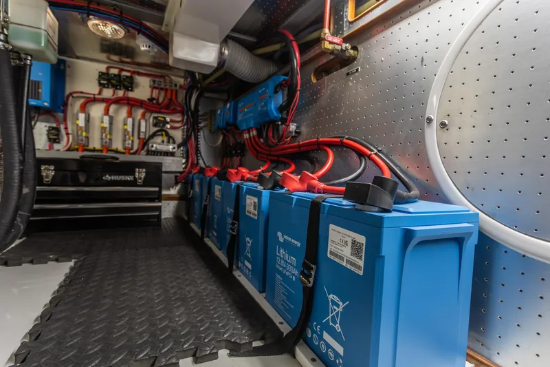 Slide: The Image of Engine room of 2003 Selene 47 yacht with lithium batteries and wiring. - 27