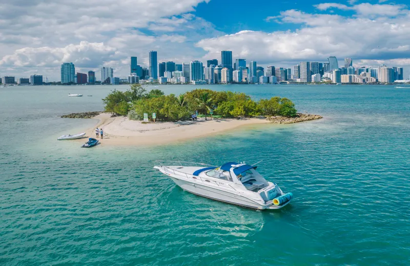 Slide: The Image of 1997 Sea Ray 330 Sundancer near a small island with city skyline in the background. - 3