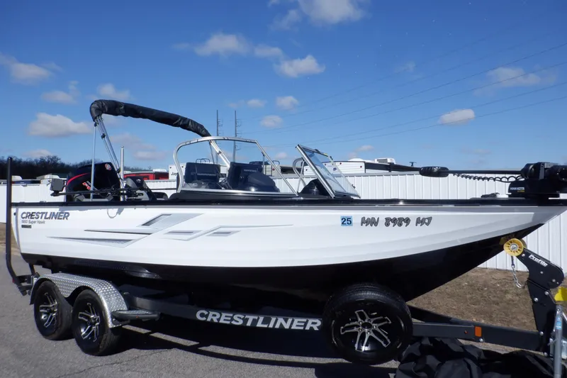 Slide: The Image of 2022 Crestliner 1950 Super Hawk boat on trailer, parked outdoors under blue sky. - 1