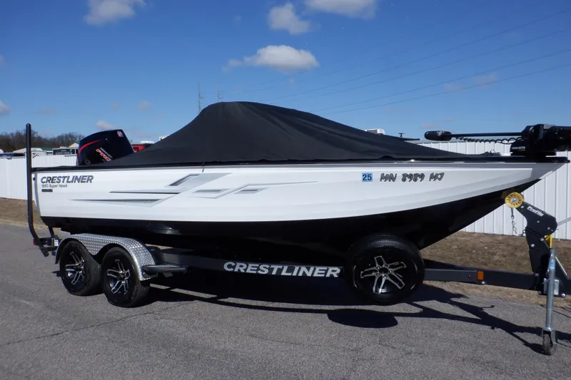 Slide: The Image of 2022 Crestliner 1950 Super Hawk boat on trailer, covered, parked outdoors. - 3