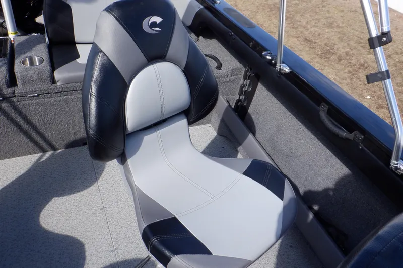 Slide: The Image of 2022 Crestliner 1950 Super Hawk boat seat, featuring black and gray upholstery. - 47