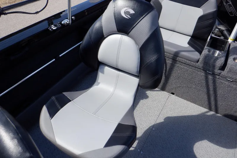 Slide: The Image of 2022 Crestliner 1950 Super Hawk boat seat, featuring black and gray upholstery. - 48