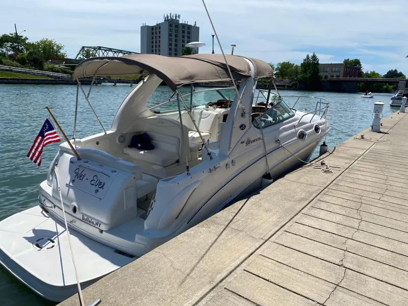 The Image of 2004 Sea Ray 280 Sundancer docked by a riverside with an American flag. - 1