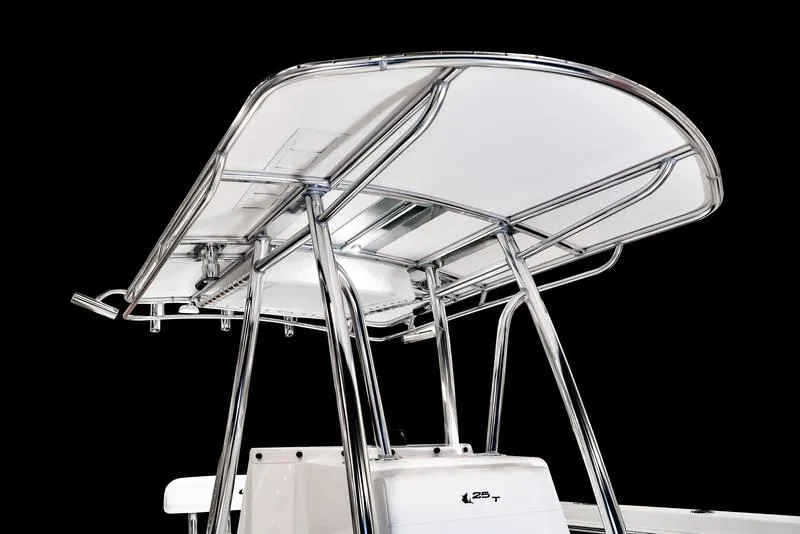 Slide: The Image of 2025 Contender 25T boat T-top with sleek stainless steel frame design. - 8