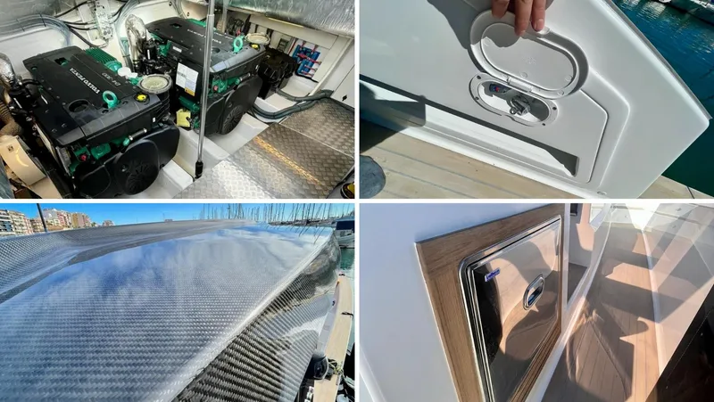 Slide: The Image of 2024 Tesoro T40 Inboard boat features: engine, hatch, carbon fiber detail, and storage compartment. - 18