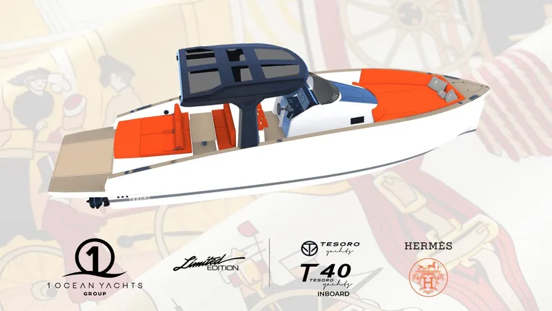 Slide: The Image of 2024 Tesoro T40 Inboard luxury yacht with sleek design and vibrant orange seating. - 19