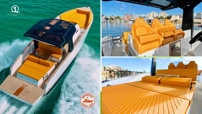 Slide: The Image of 2024 Tesoro T40 Inboard luxury yacht with vibrant orange seating and sleek design. - 2