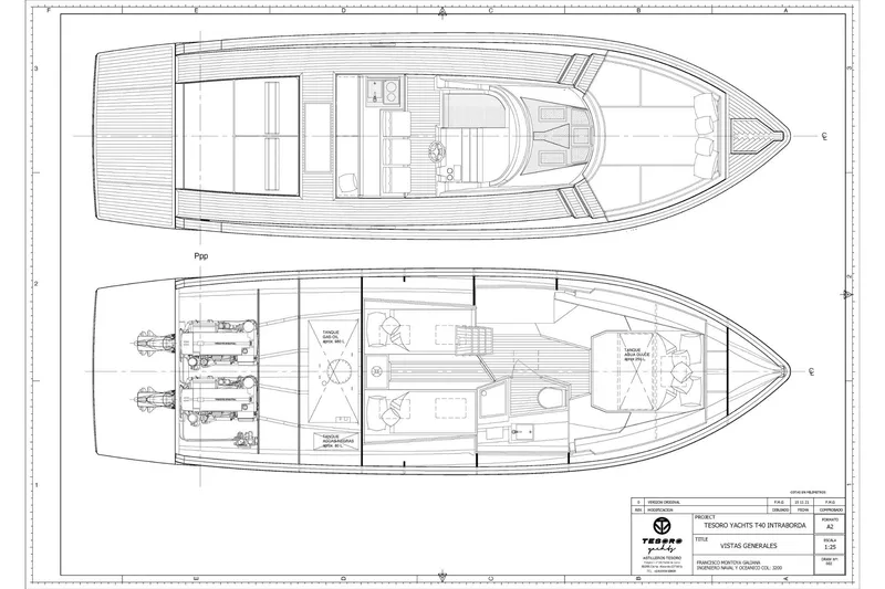 Slide: The Image of Blueprint of 2024 Tesoro T40 Inboard boat, showcasing detailed interior and exterior layout. - 20