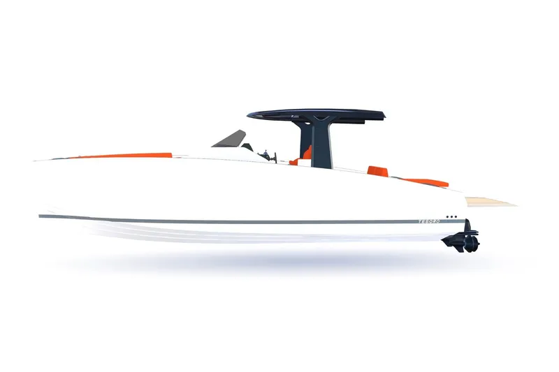 Slide: The Image of 2024 Tesoro T40 Inboard boat, sleek white design with modern features and orange accents. - 21