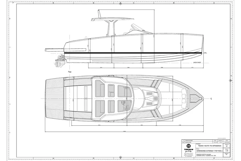 Slide: The Image of Blueprint of 2024 Tesoro T40 Inboard boat, showcasing side and top views. - 22