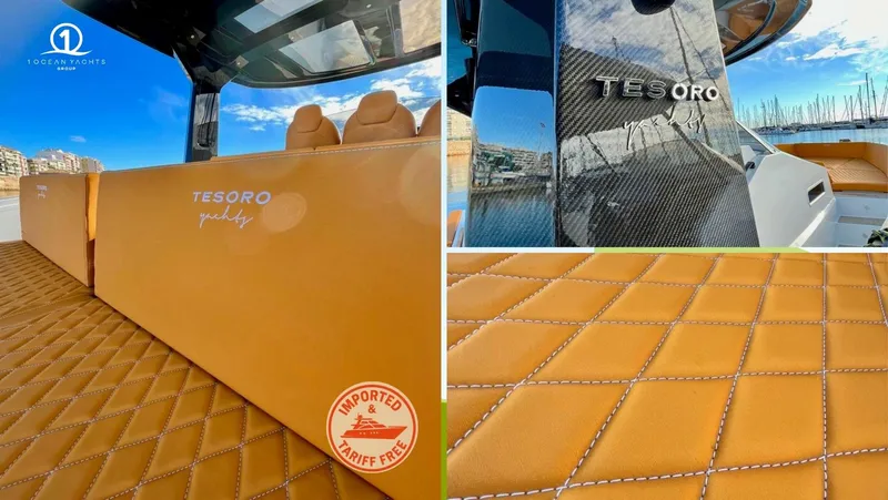 Slide: The Image of 2024 Tesoro T40 Inboard yacht with luxurious tan leather interior and carbon fiber accents. - 3