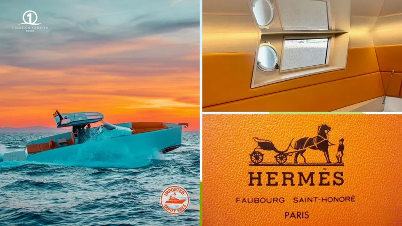 Slide: The Image of 2024 Tesoro T40 Inboard yacht on ocean, luxury interior, Hermès branding. - 5
