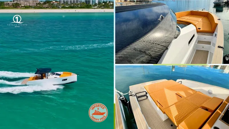 Slide: The Image of 2024 Tesoro T40 Inboard boat cruising on turquoise water, featuring luxurious deck and seating. - 6