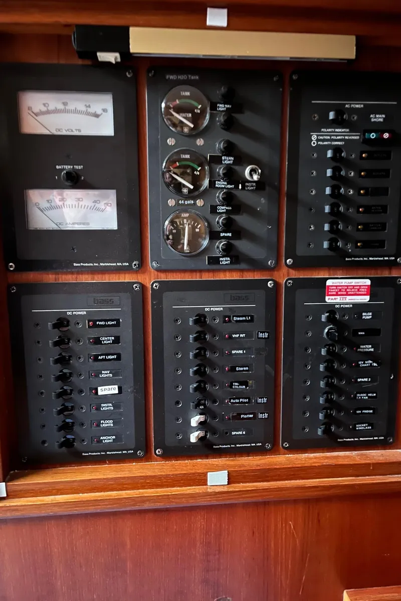 Slide: The Image of Control panel of a 1982 Baltic 42 yacht with gauges and switches. - 17
