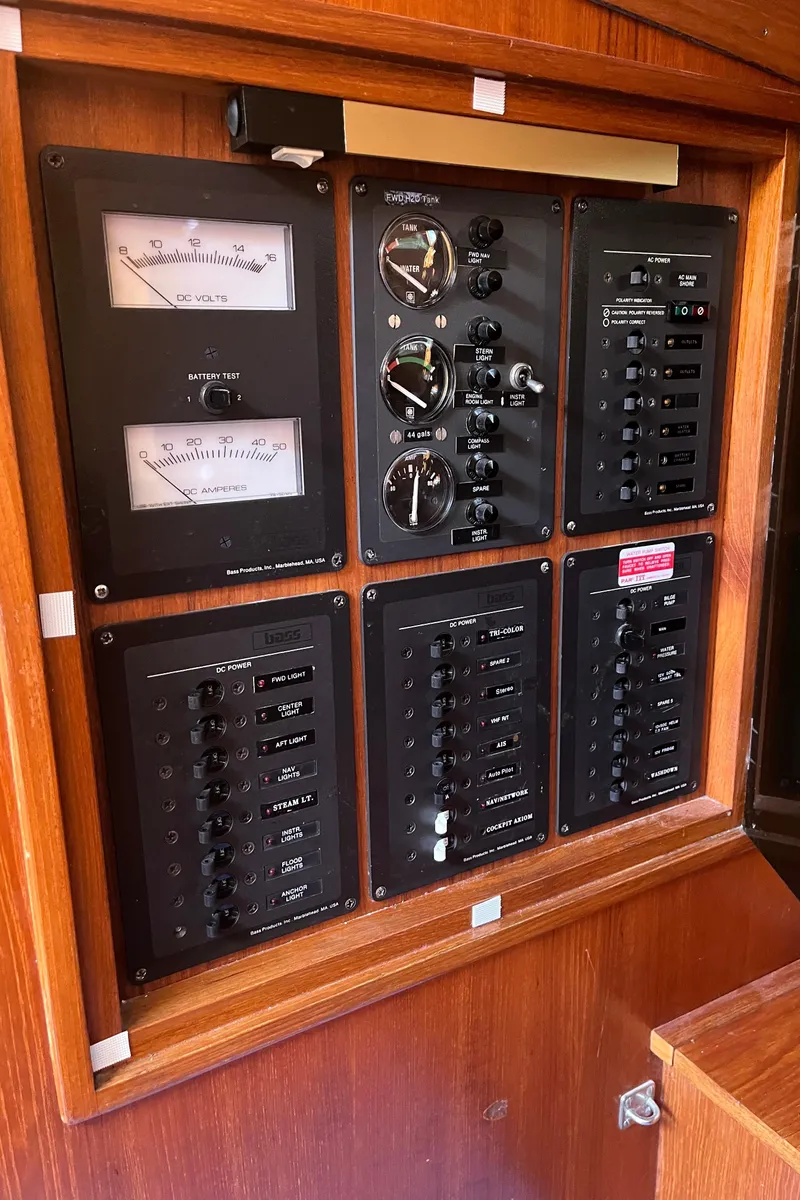 Slide: The Image of Control panel of a 1982 Baltic 42 yacht with gauges and switches. - 22