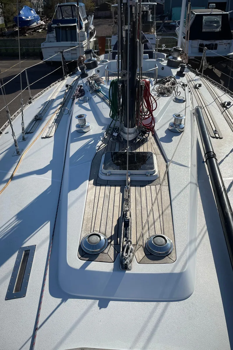 Slide: The Image of Deck view of a 1982 Baltic 42 sailboat with rigging and equipment. - 30