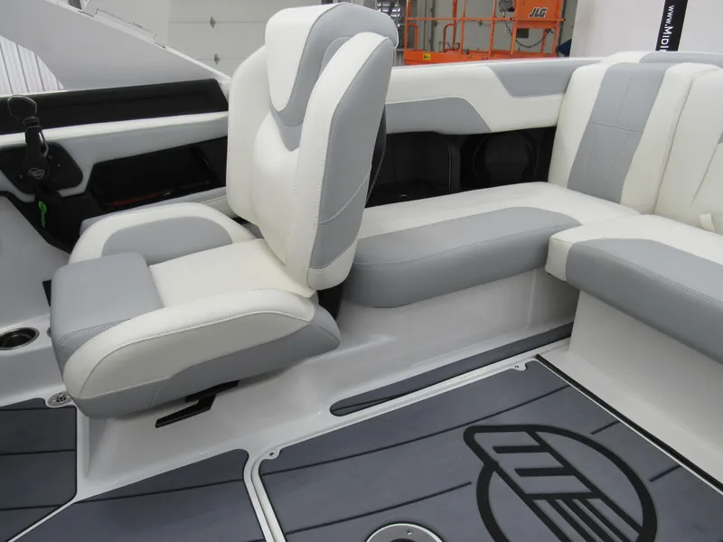Slide: The Image of 2025 Malibu Wakesetter 20 VTX interior with gray and white seating, modern design. - 6