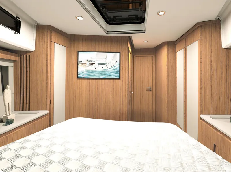 Slide: The Image of Luxurious interior of 2025 Moody 48 Deck Saloon yacht with wood paneling and modern decor. - 11