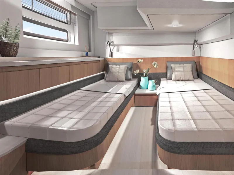 Slide: The Image of Luxurious 2025 Moody 48 deck saloon interior with twin beds and modern decor. - 13