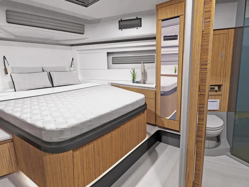 Slide: The Image of Luxurious interior of 2025 Moody 48 deck saloon yacht with modern bedroom design. - 16