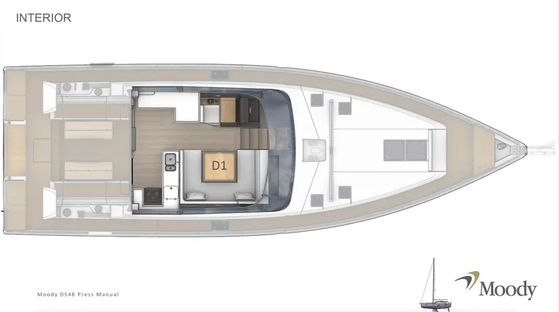 Slide: The Image of Top view of 2025 Moody 48 Deck Saloon yacht interior layout. - 17