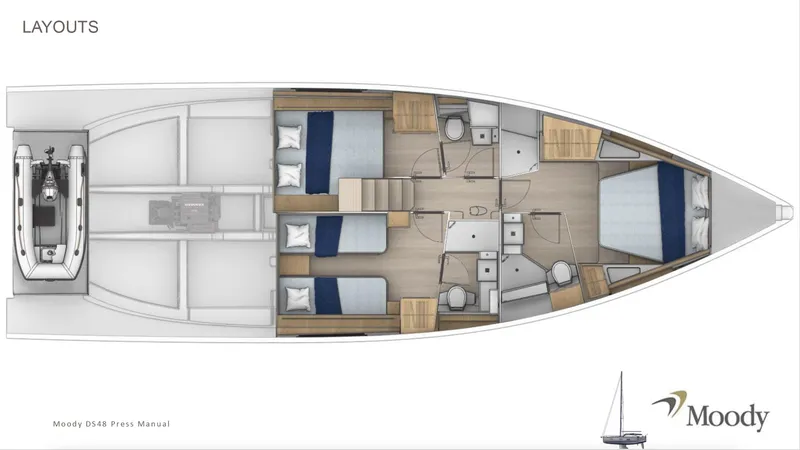 Slide: The Image of Layout of 2025 Moody 48 Deck Saloon yacht, featuring cabins and living spaces. - 21
