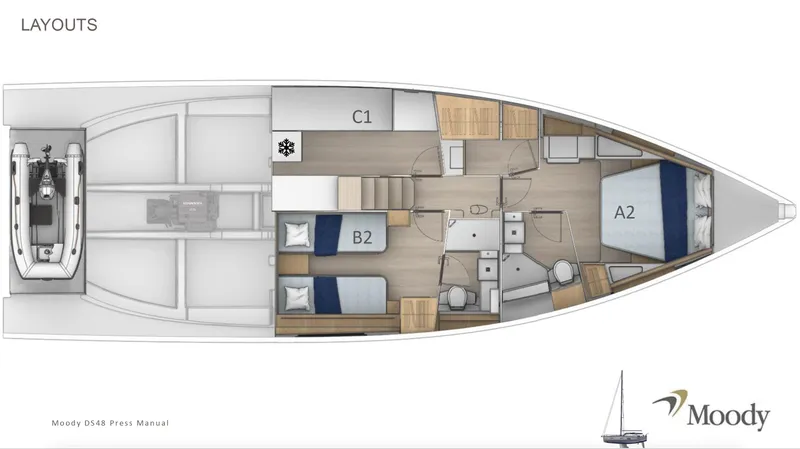 Slide: The Image of Layout of 2025 Moody 48 Deck Saloon yacht, featuring cabins and living spaces. - 22