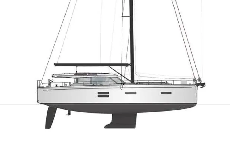 Slide: The Image of 2025 Moody 48 Deck Saloon sailboat, side view, sleek design, modern sailing yacht. - 23