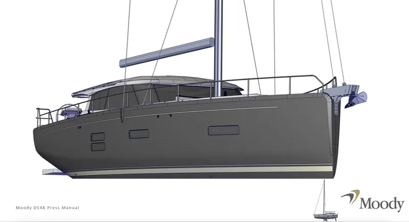 Slide: The Image of 2025 Moody 48 Deck Saloon yacht, side view, sleek design, modern sailing vessel. - 26