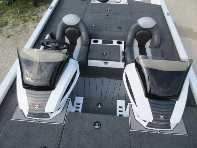 Slide: The Image of 2025 Vexus AVX 2080 boat interior with dual seats and console, featuring Mercury Pro XS engine. - 12