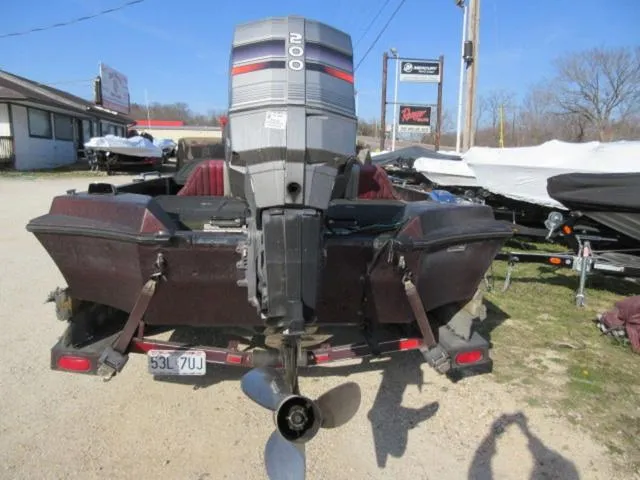 Slide: The Image of 1995 Ranger 392XT boat with Marner 200 HP outboard motor on trailer, rear view. - 5