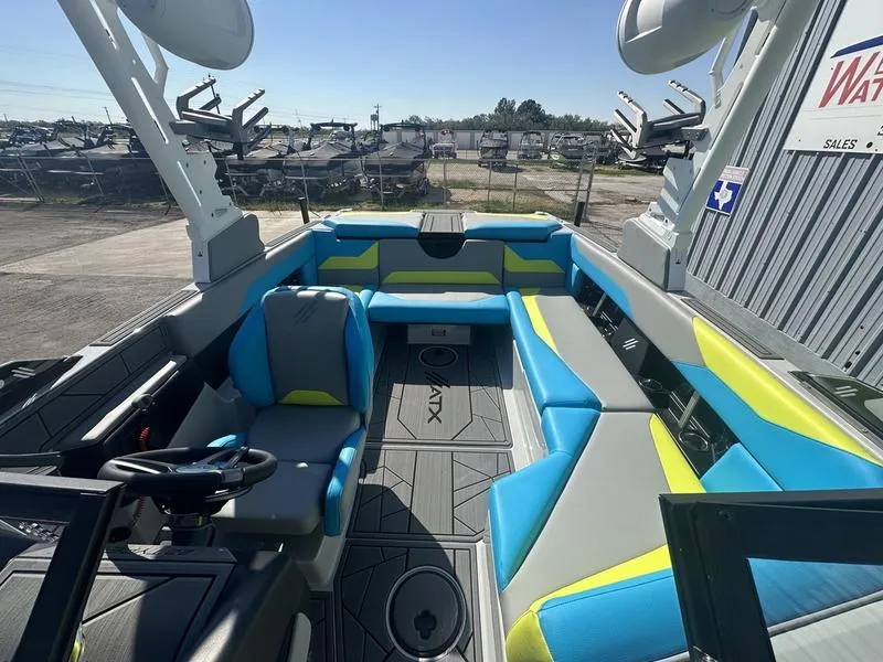 Slide: The Image of 2024 ATX Surf Boats 22 Type-S interior with vibrant blue and yellow seating. - 4