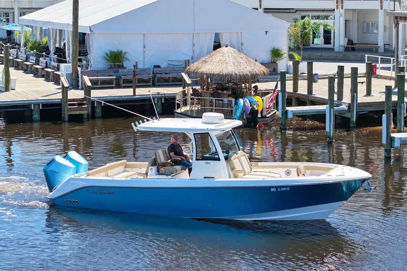 Slide: The Image of 2024 Everglades 315CC boat cruising near a marina with a thatched-roof hut. - 14