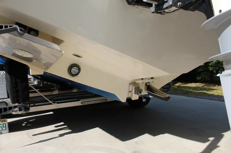 Slide: The Image of 2016 SeaVee 340Z boat on trailer, showing hull and propeller details. - 6