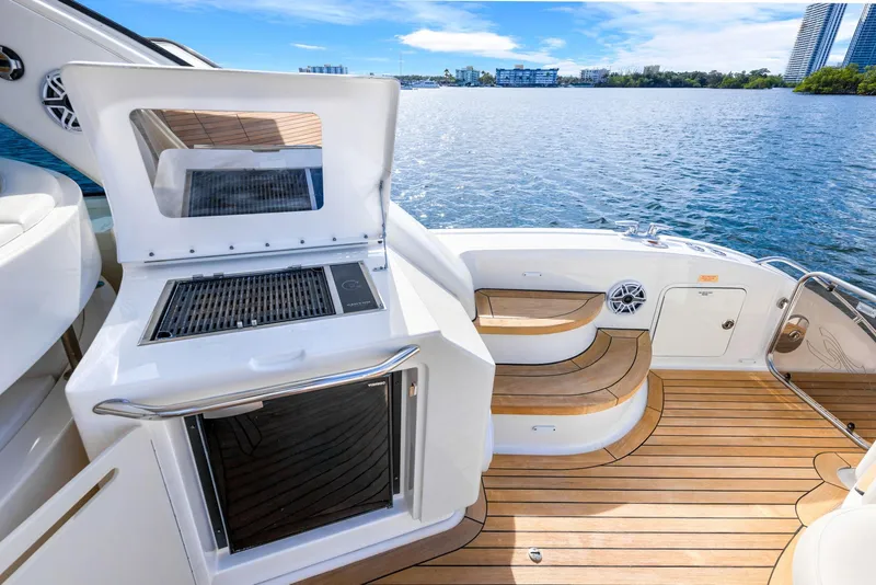 Slide: The Image of 2009 Sea Ray 55 Sundancer yacht deck with grill and scenic water view. - 25