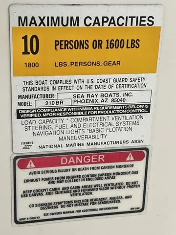 Slide: The Image of Maximum capacity label for 2000 Sea Ray 210 Signature Bowrider, 10 persons or 1600 lbs. - 23