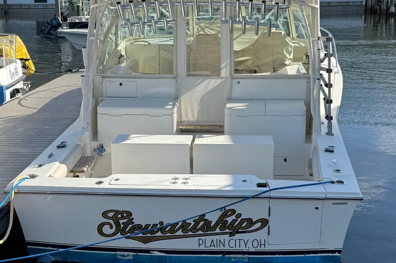 Slide: The Image of 2007 Albemarle 410 Express Fisherman boat docked, named "Stewartship," Plain City, OH. - 4