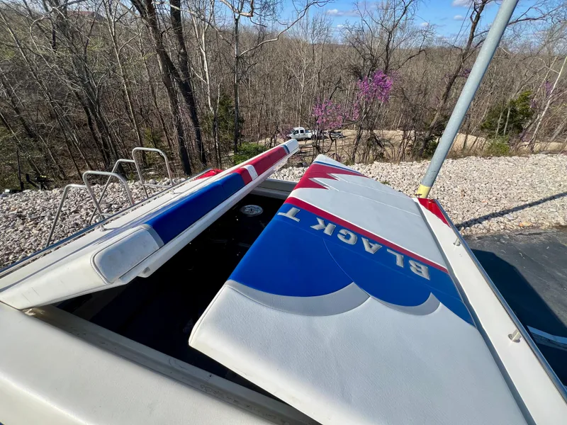 Slide: The Image of 1999 Black Thunder 430 Flat Deck boat with vibrant graphics, parked near a wooded area. - 8