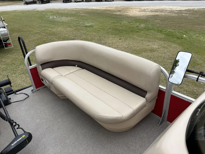 Slide: The Image of 2017 Sun Tracker Party Barge 18 DLX with beige seating on a pontoon boat. - 14