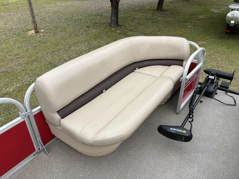 Slide: The Image of 2017 Sun Tracker Party Barge 18 DLX with beige seating and trolling motor. - 5