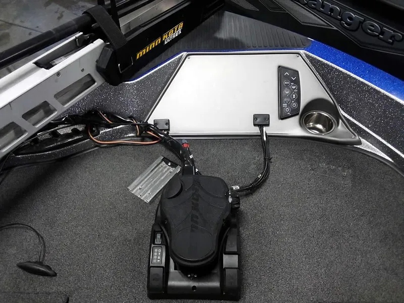 Slide: The Image of 2018 Ranger 621FS Fisherman boat deck with Minn Kota trolling motor and control panel. - 12