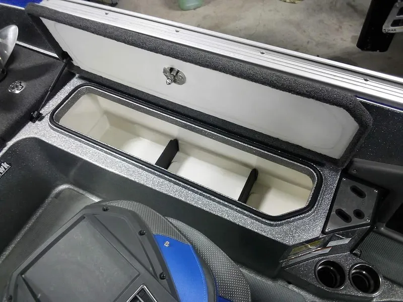 Slide: The Image of 2018 Ranger 621FS Fisherman boat storage compartment, open lid, interior view. - 29