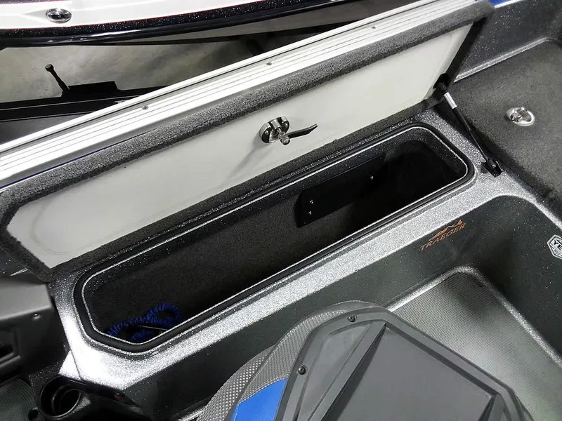 Slide: The Image of 2018 Ranger 621FS Fisherman boat storage compartment, open lid, interior view. - 31